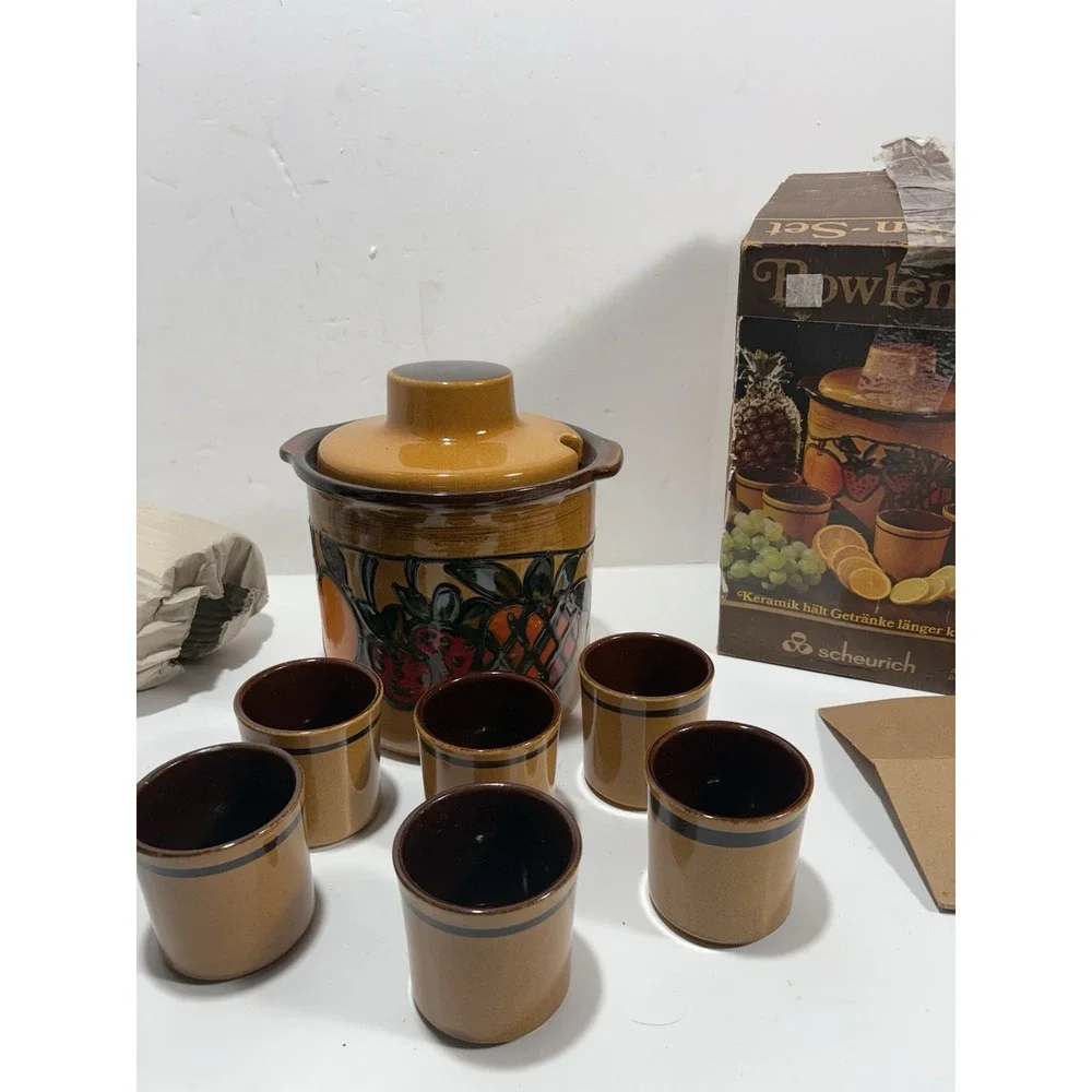 Scheurich Keramik 824 West Germany Pottery Rumtopf Cider Jar Strawberry & 6 cups
